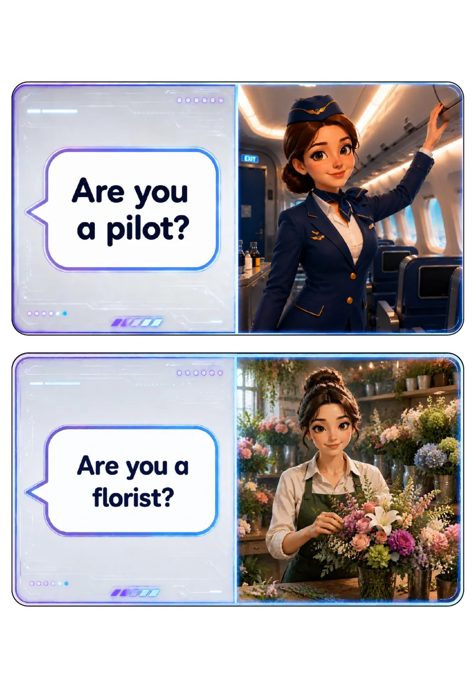 Jobs question cards 1–2 ask 'Are you a pilot?' and 'Are you a florist?' beside flight attendant and florist scenes.