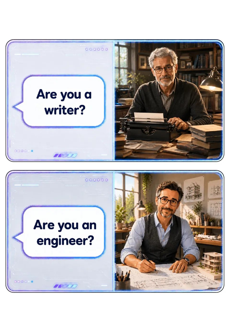 Jobs question cards 3–4 ask 'Are you a writer?' and 'Are you an engineer?' beside writing and drafting scenes.
