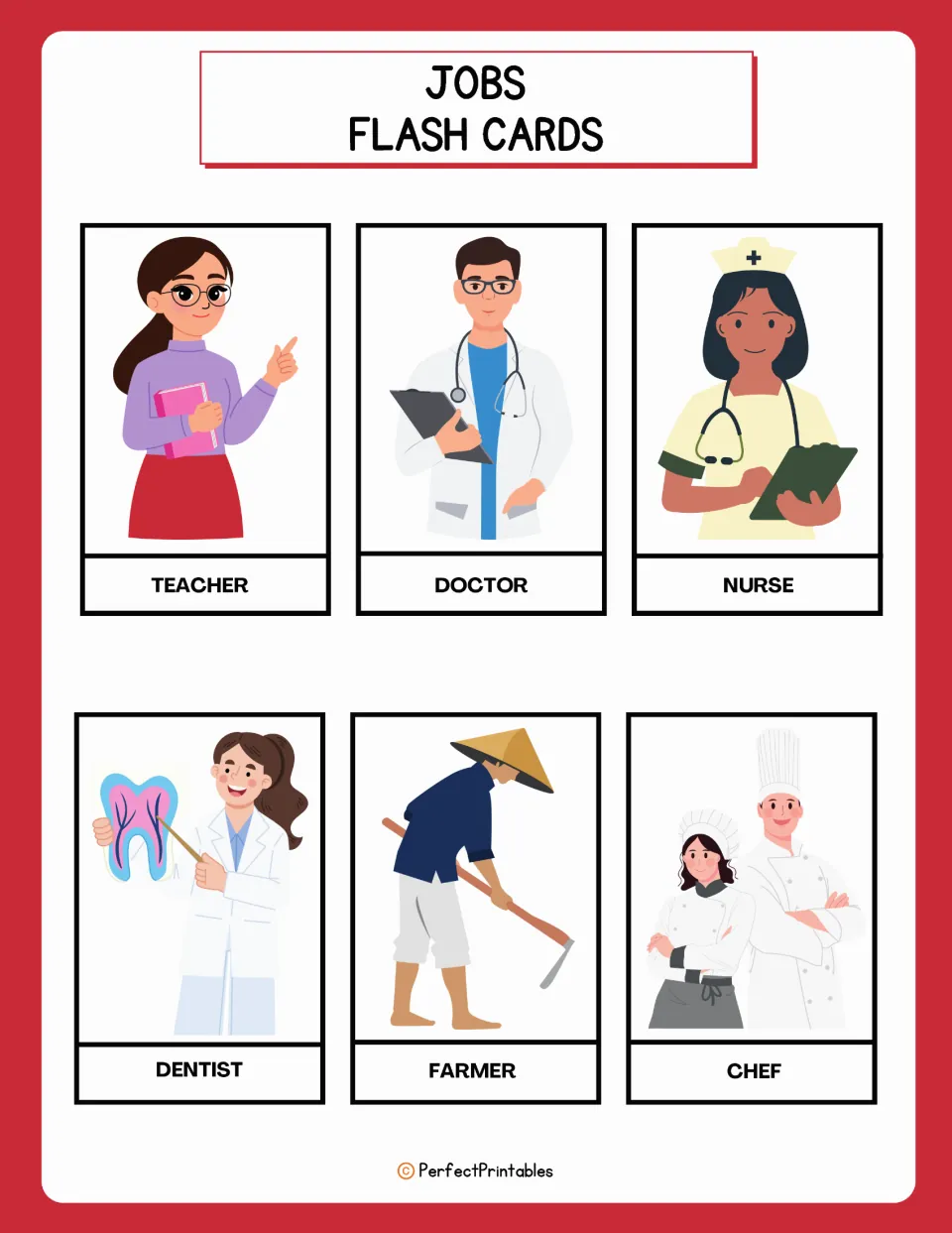 Job flashcards 1–6: teacher, doctor, nurse, dentist, farmer, and chef, each illustrated and labeled.