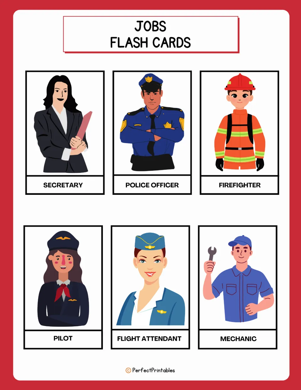 Job flashcards 7–12: secretary, police officer, firefighter, pilot, flight attendant, and mechanic.