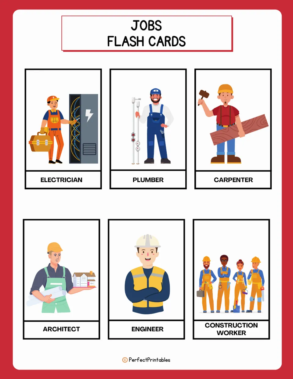 Job flashcards 13–18: electrician, plumber, carpenter, architect, engineer, and construction worker.