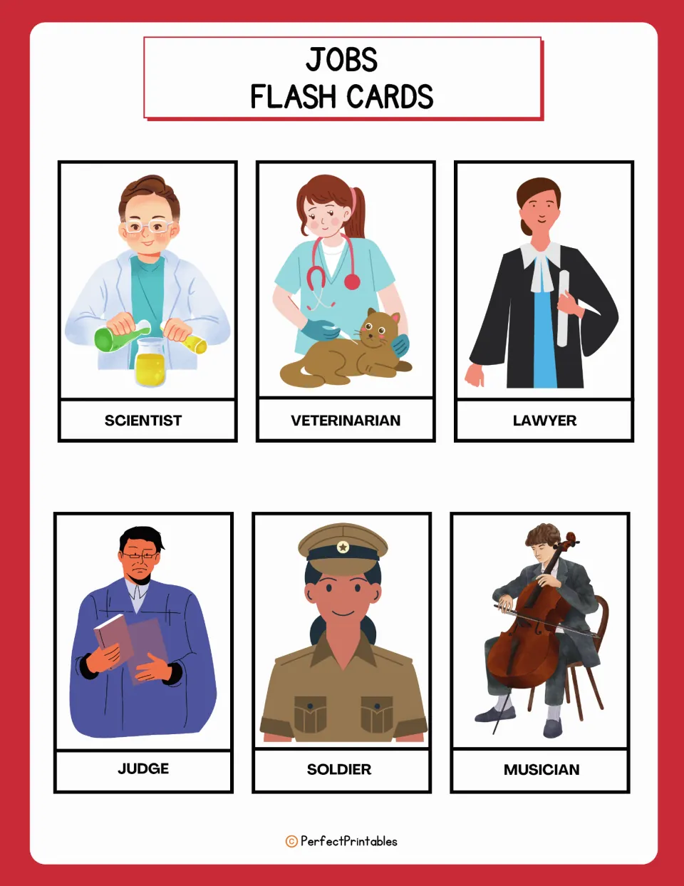 Job flashcards 19–24: scientist, veterinarian, lawyer, judge, soldier, and musician, with pictures.