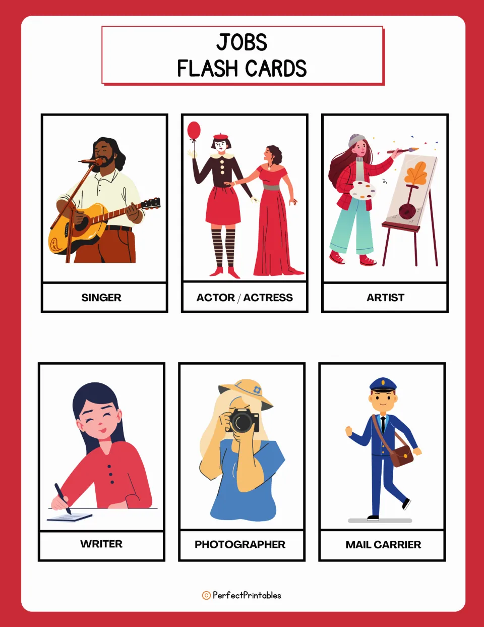 Job flashcards 25–30: singer, actor/actress, artist, writer, photographer, and mail carrier.