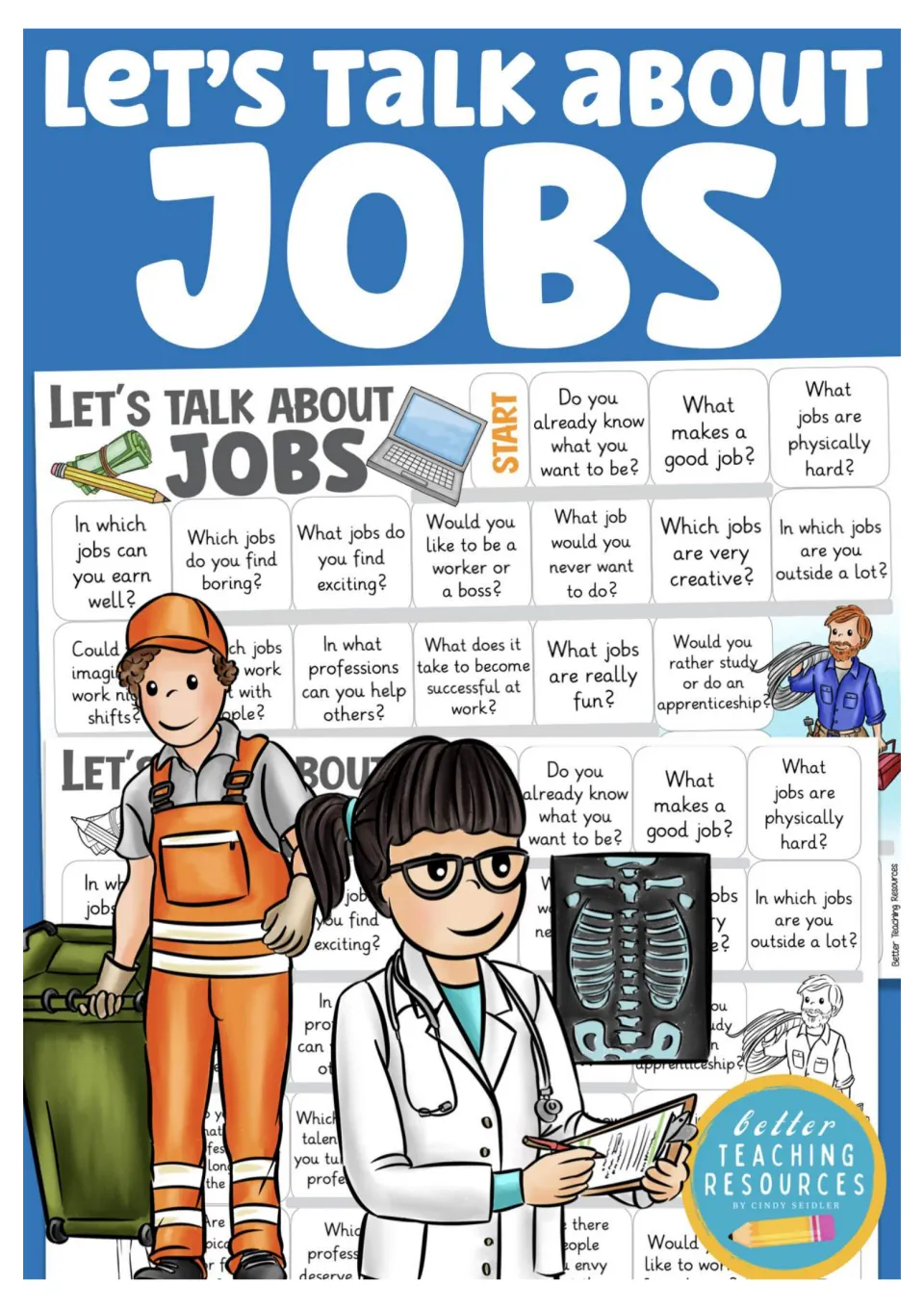 Cover of the jobs speaking game, showing board previews and the heading 'Let’s Talk About Jobs'.