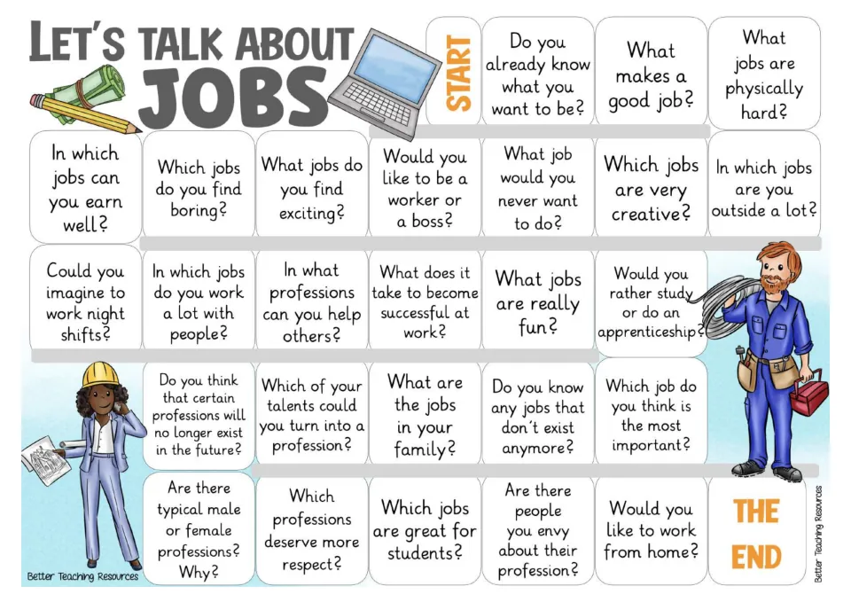 Color game board asking about jobs students want, creative professions, night shifts, and working from home.