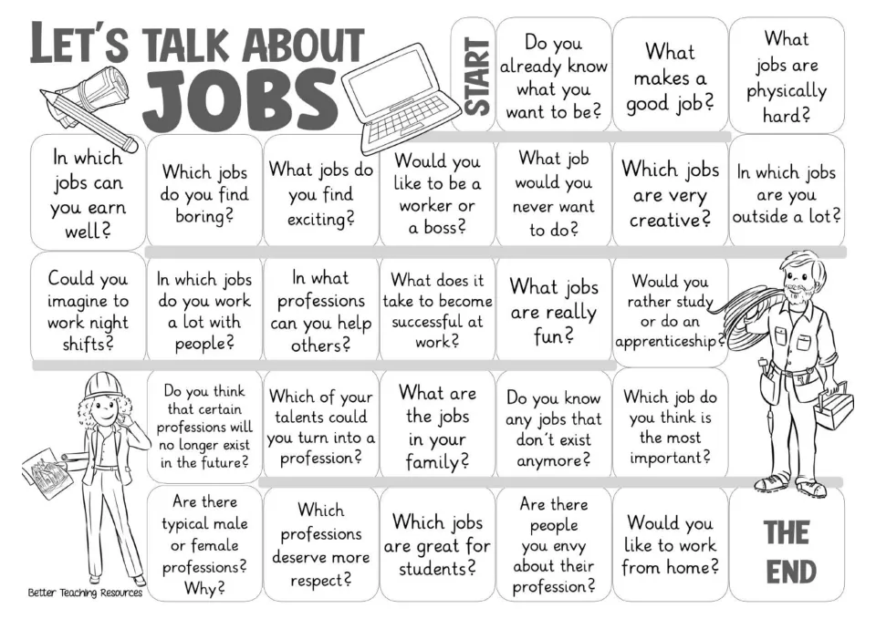 Black-and-white game board repeating questions about job preferences, talents, apprenticeships, and professions.