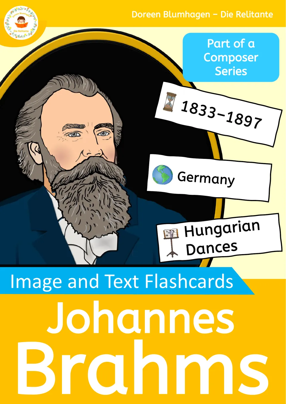 Cover of Johannes Brahms image and text flashcards: his portrait beside cards for 1833–1897, Germany, Hungarian Dances