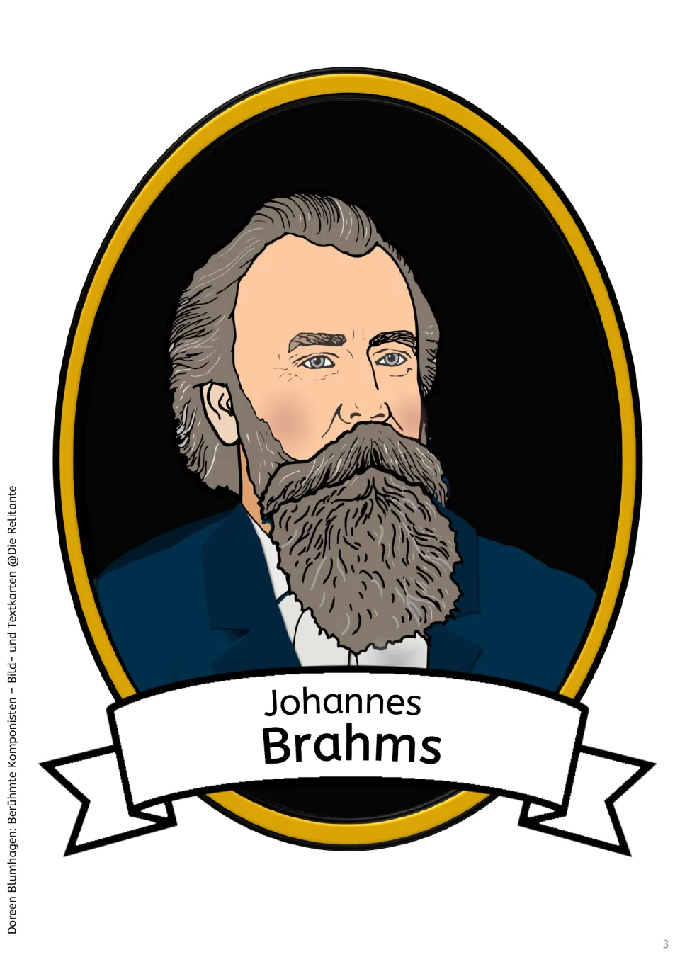 Large picture card: a framed colour portrait of the composer Brahms, bearded in a dark coat, with his name on a banner