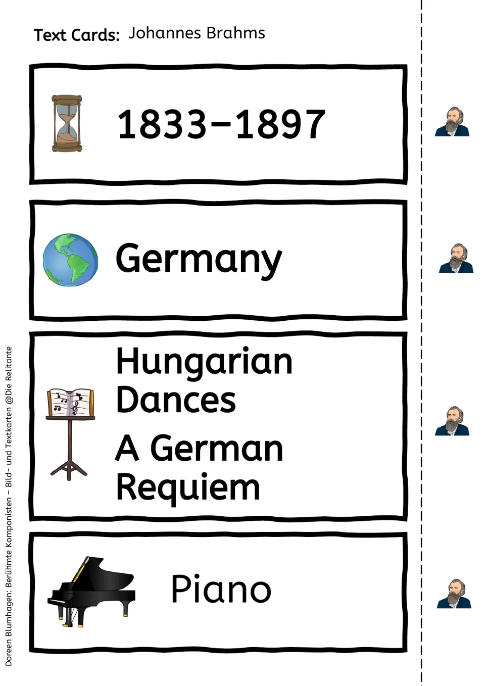 Brahms text cards to match: 1833–1897, Germany, Hungarian Dances, A German Requiem, Piano; portraits fold back for checking