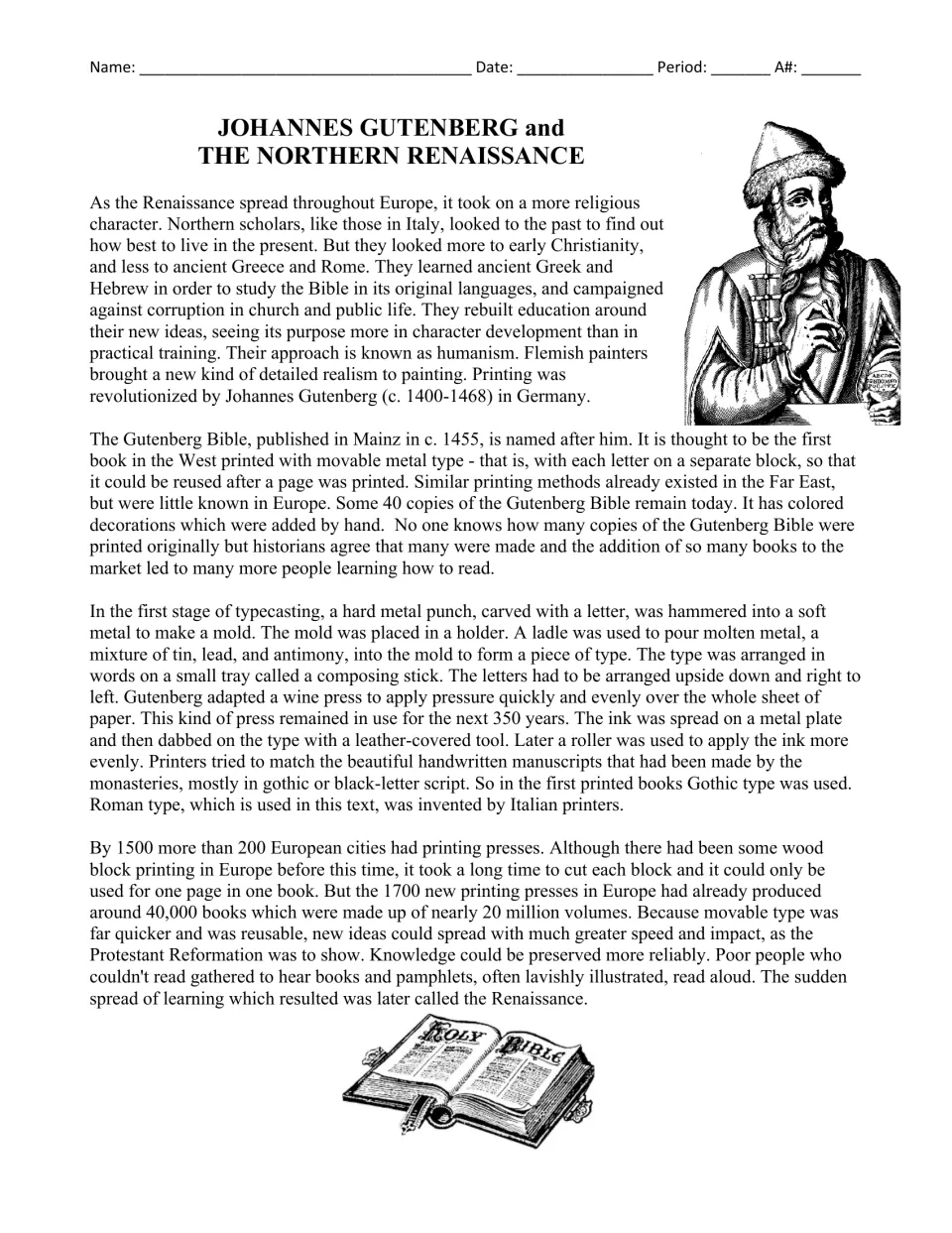 Reading passage on Johannes Gutenberg, Northern Renaissance humanism, movable type, and the spread of books.