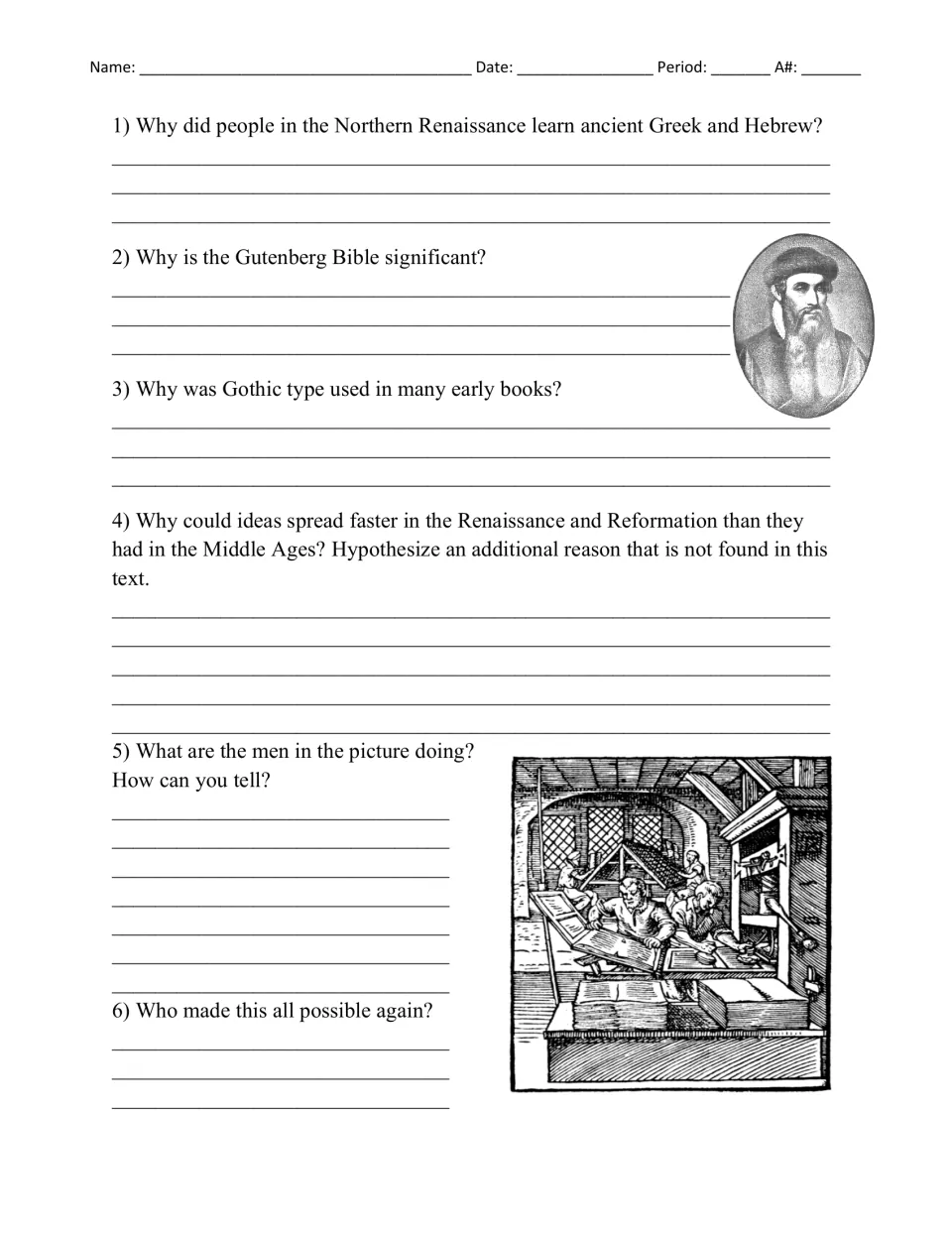 Six short-answer questions on Gutenberg, the Bible, Gothic type, spreading ideas, and a printing press scene.
