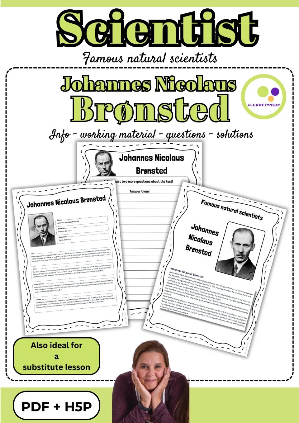 Scientist packet cover introducing Johannes Nicolaus Brønsted, reading tasks, questions, and solutions