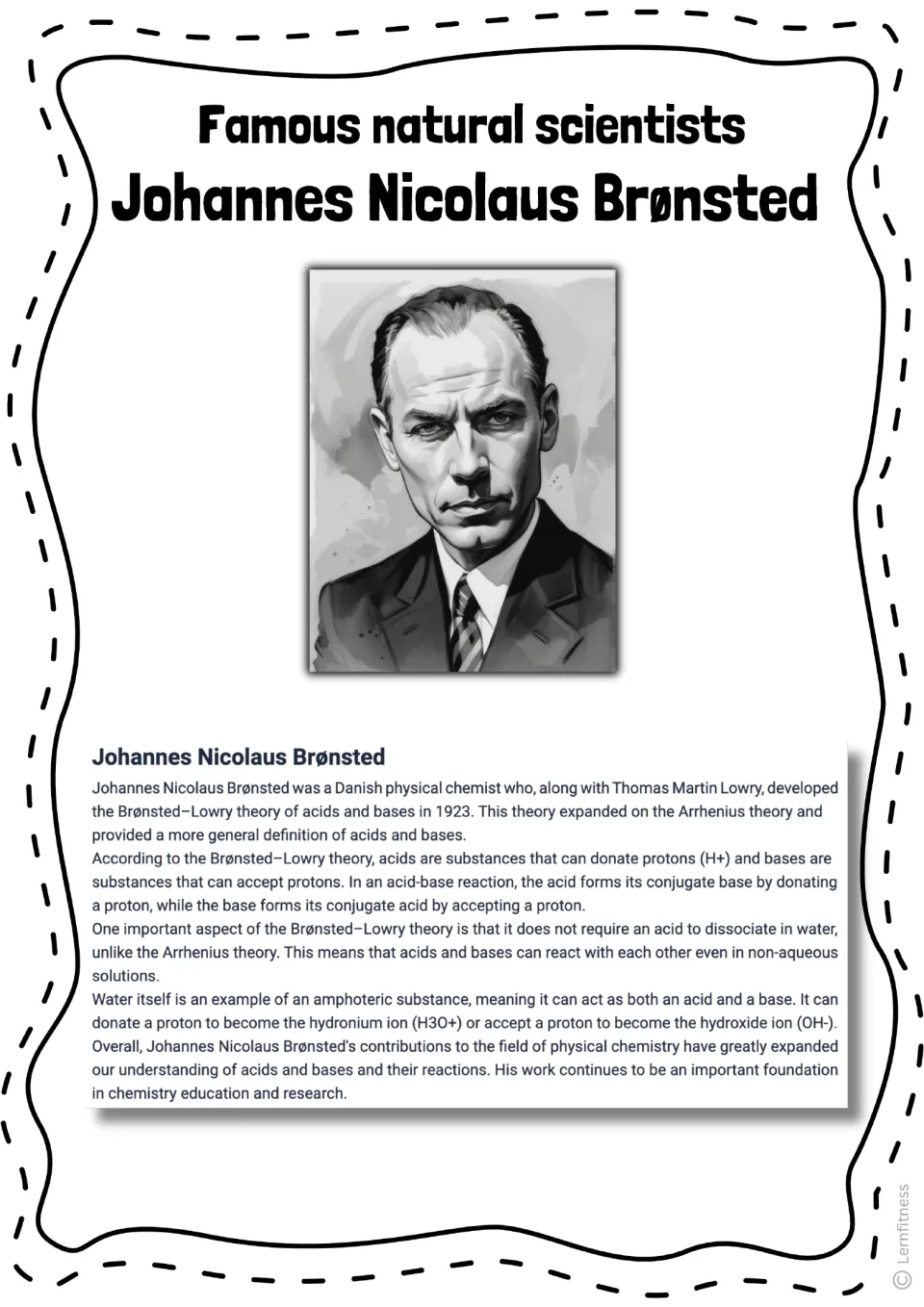 Alternate reading passage on Brønsted–Lowry theory and acids and bases, paired with an illustrated portrait