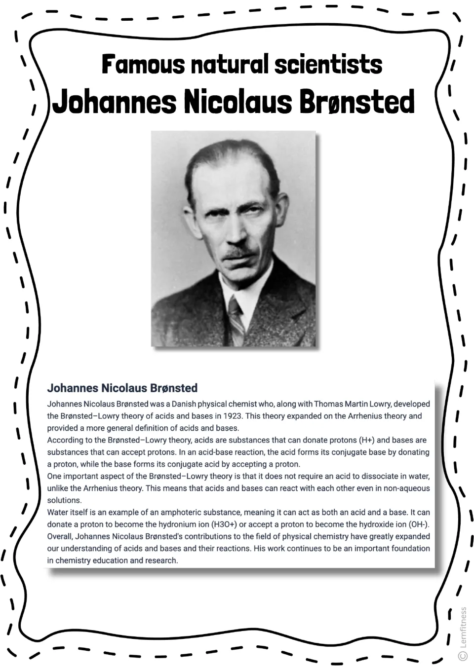 Alternate reading passage on Brønsted–Lowry theory and proton donors and acceptors, with a historical portrait
