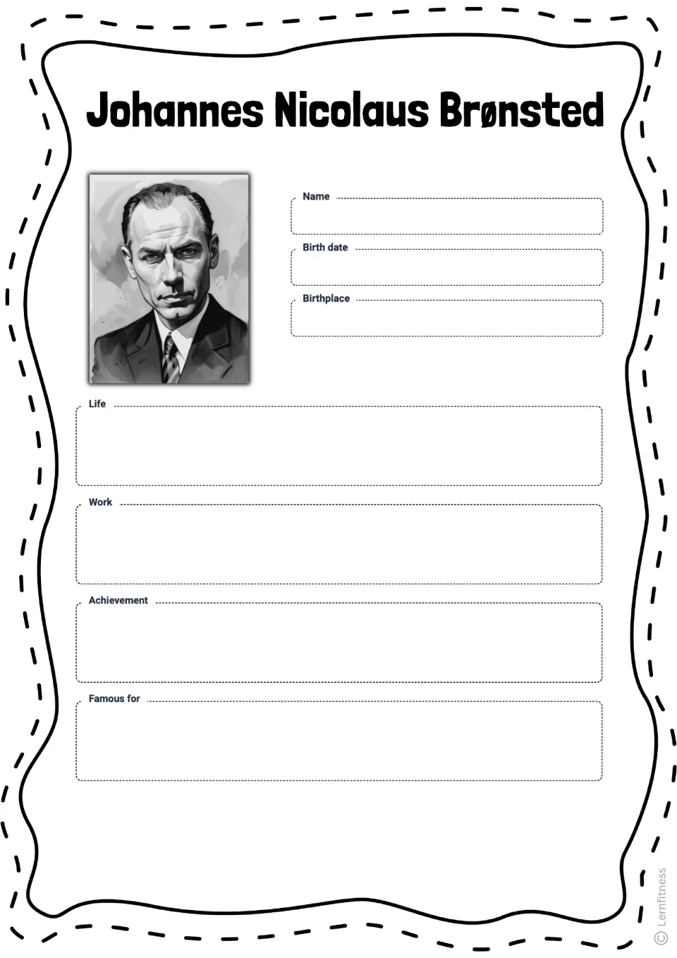 Blank Brønsted profile asks for his name, birth date, birthplace, life, work, achievement, and claim to fame