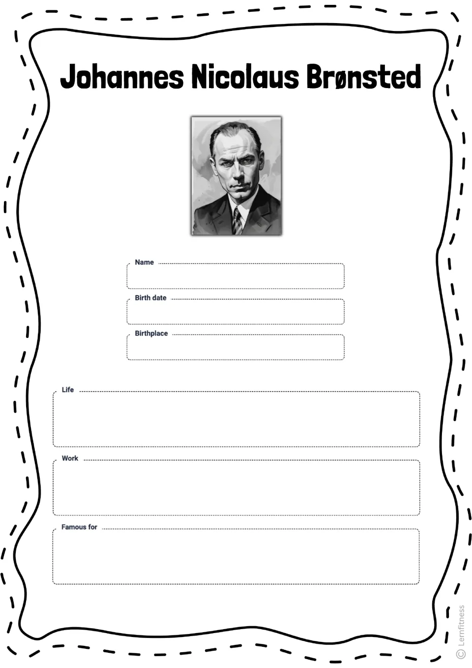 Shorter Brønsted profile asks students to record his name, birth date, birthplace, life, work, and fame