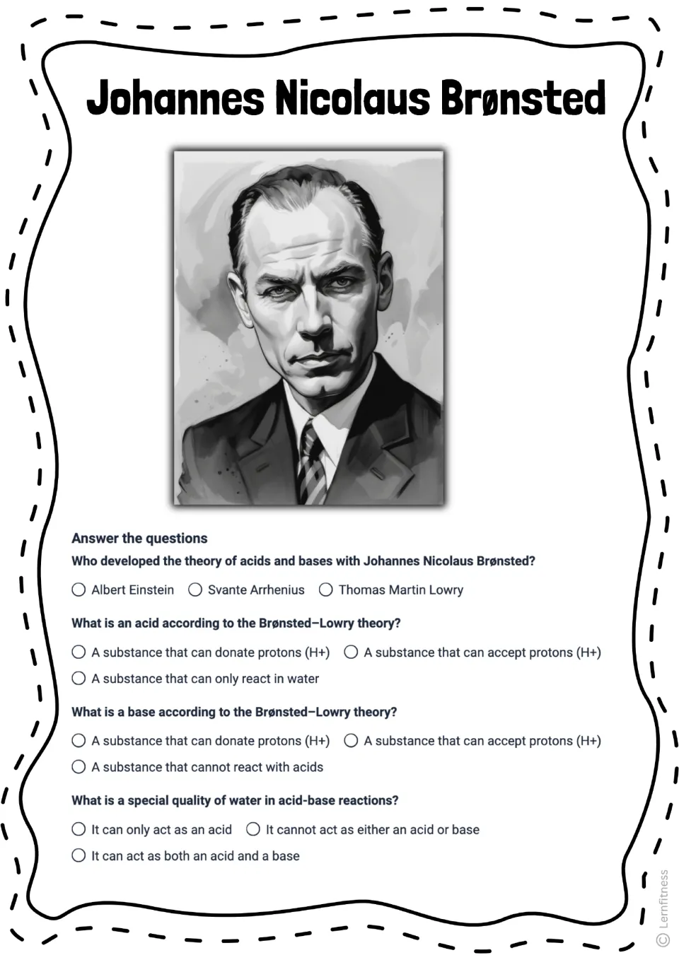 Four-question Brønsted quiz asks about Lowry, definitions of acids and bases, and water’s acid-base role