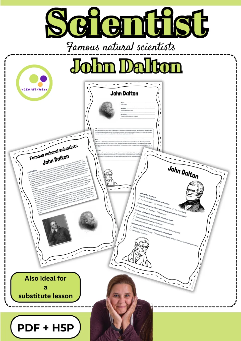 Famous natural scientists: John Dalton cover showing a biography text, profile sheet and multiple-choice quiz; PDF + H5P