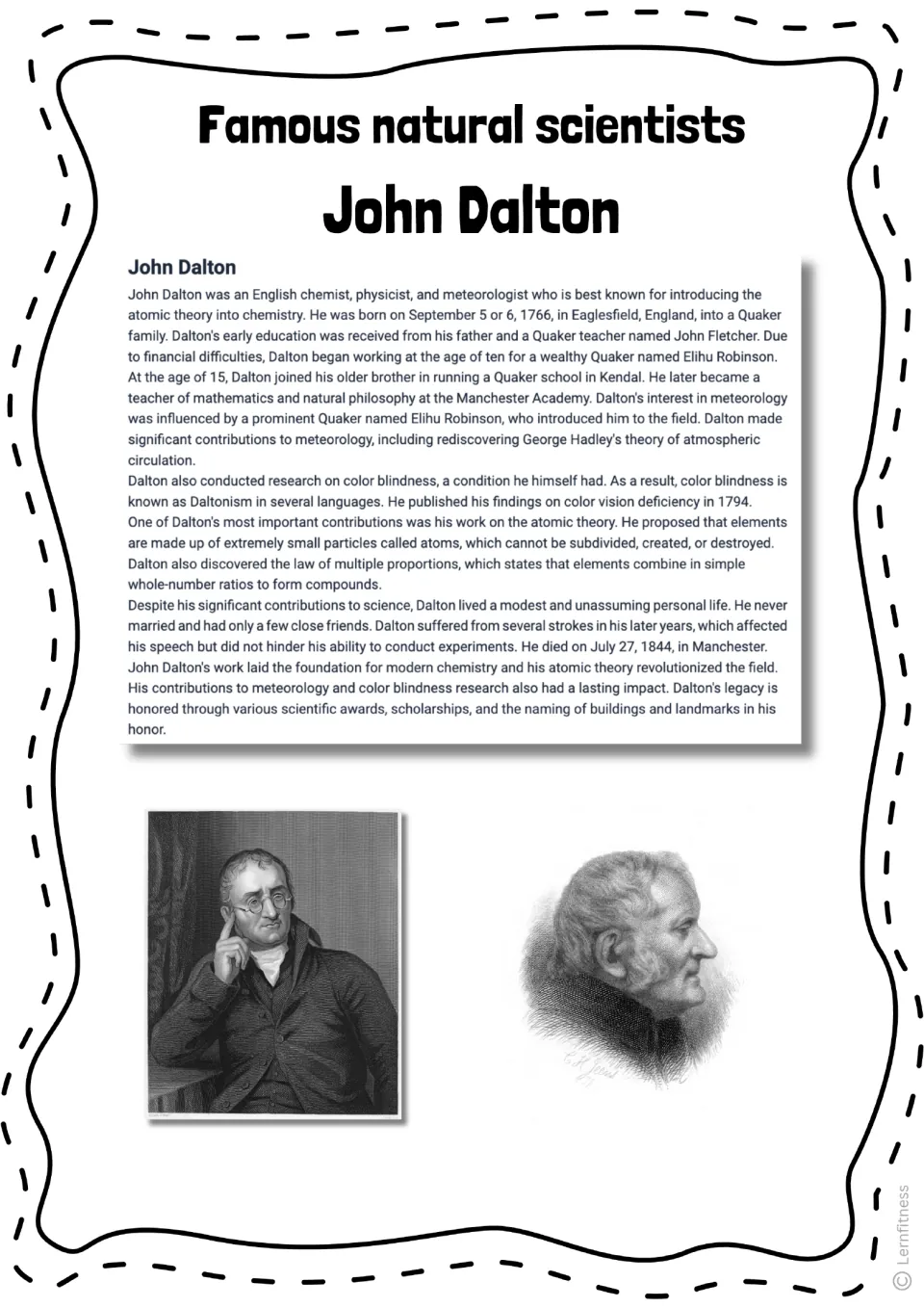 Dalton biography reading: atomic theory, color blindness research, meteorology work and law of multiple proportions