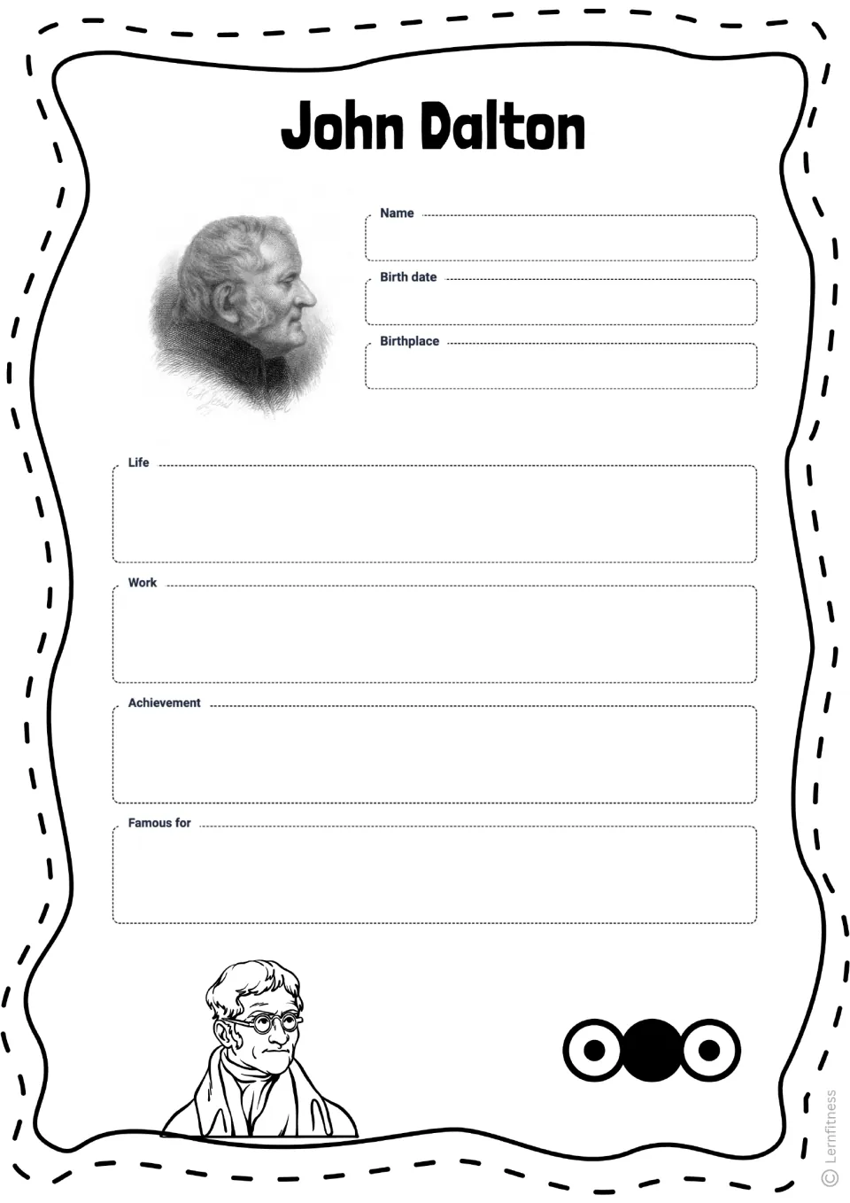 Blank Dalton profile: students fill in name, birth date, birthplace, life, work, achievement and famous for