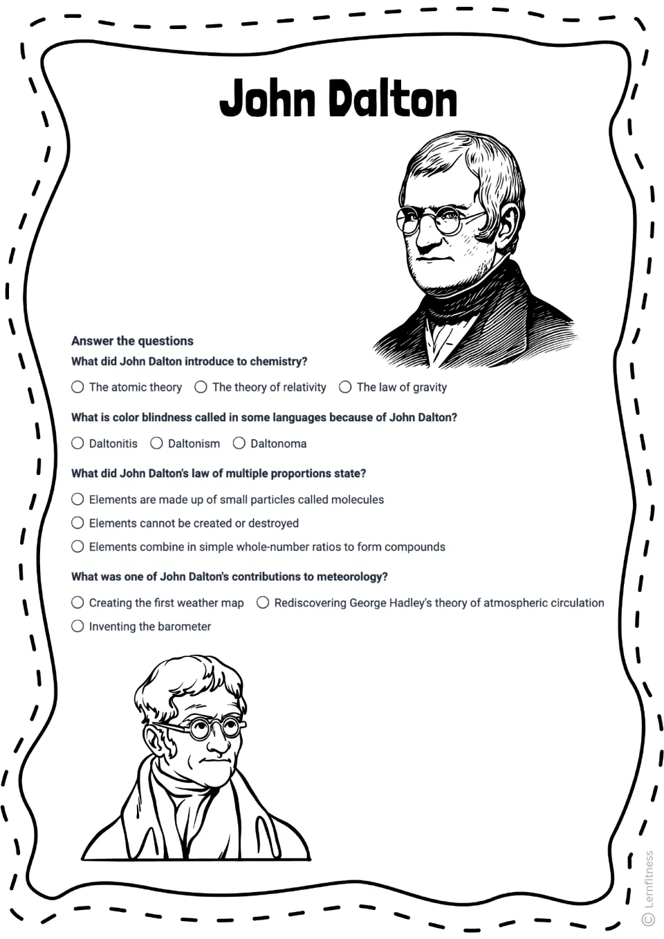 Dalton quiz: students answer four multiple-choice questions on atomic theory, Daltonism, proportions and meteorology