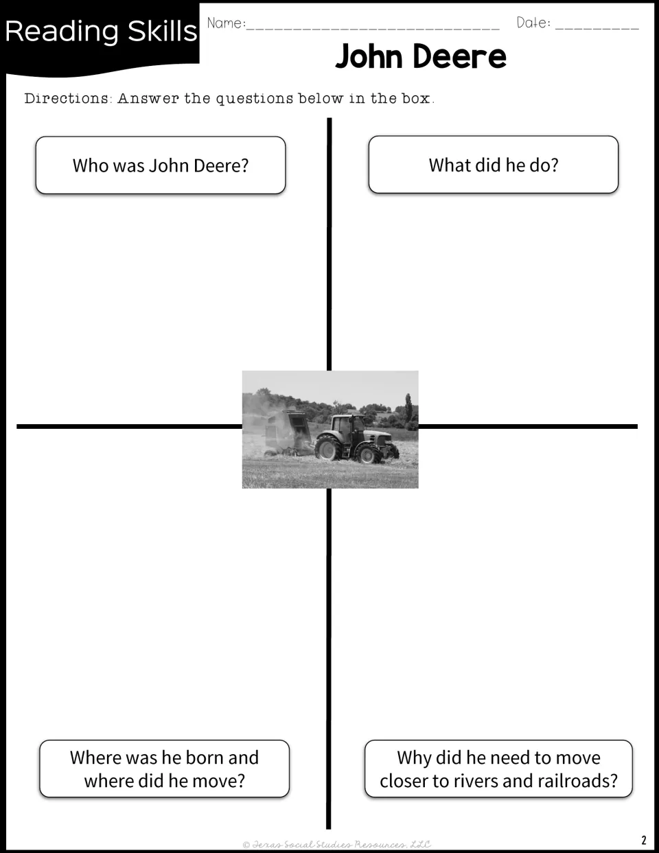 Deere questions: students answer who he was, what he did, where he lived and why he moved nearer rivers and railroads