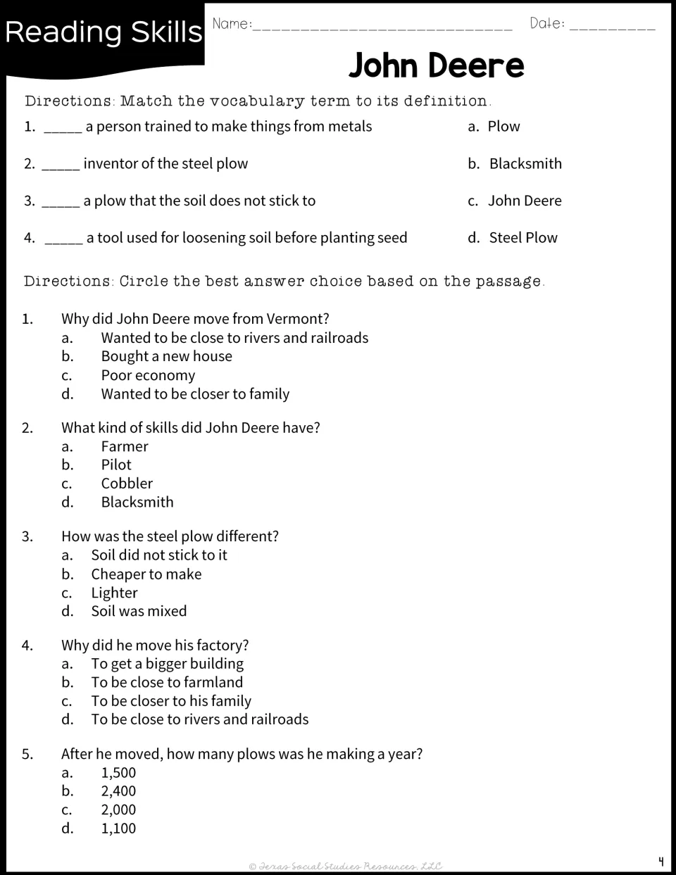 Deere vocabulary quiz: students match 4 terms such as blacksmith to definitions, then answer 5 multiple-choice items