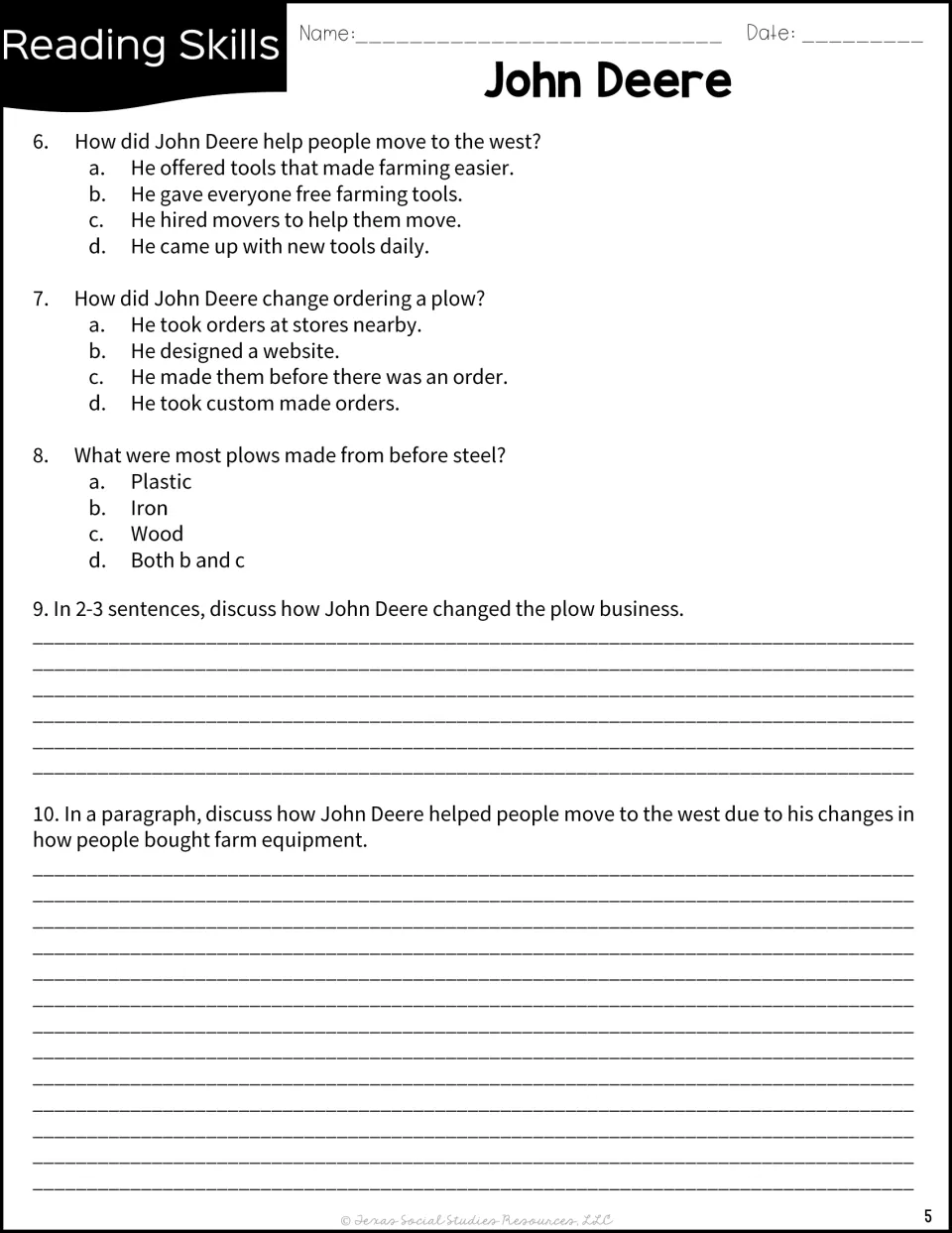 Questions 6 to 10 on Deere's plow business and westward settlement: three multiple-choice items and two written responses