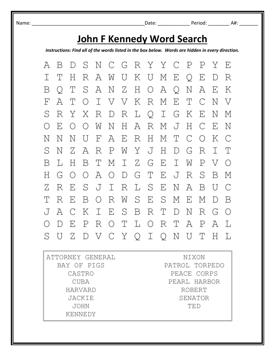 JFK vocabulary search: students find 15 hidden terms such as Bay of Pigs, Peace Corps and Castro in every direction