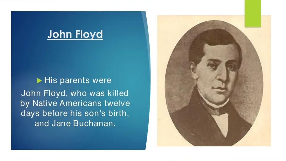 Family background slide naming John Floyd and Jane Buchanan as his parents and noting his father's death.