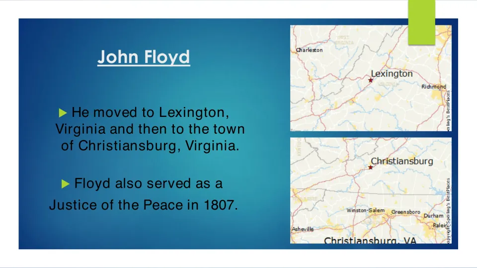 Biography slide tracing Floyd's moves to Lexington and Christiansburg and his 1807 justice of the peace role.