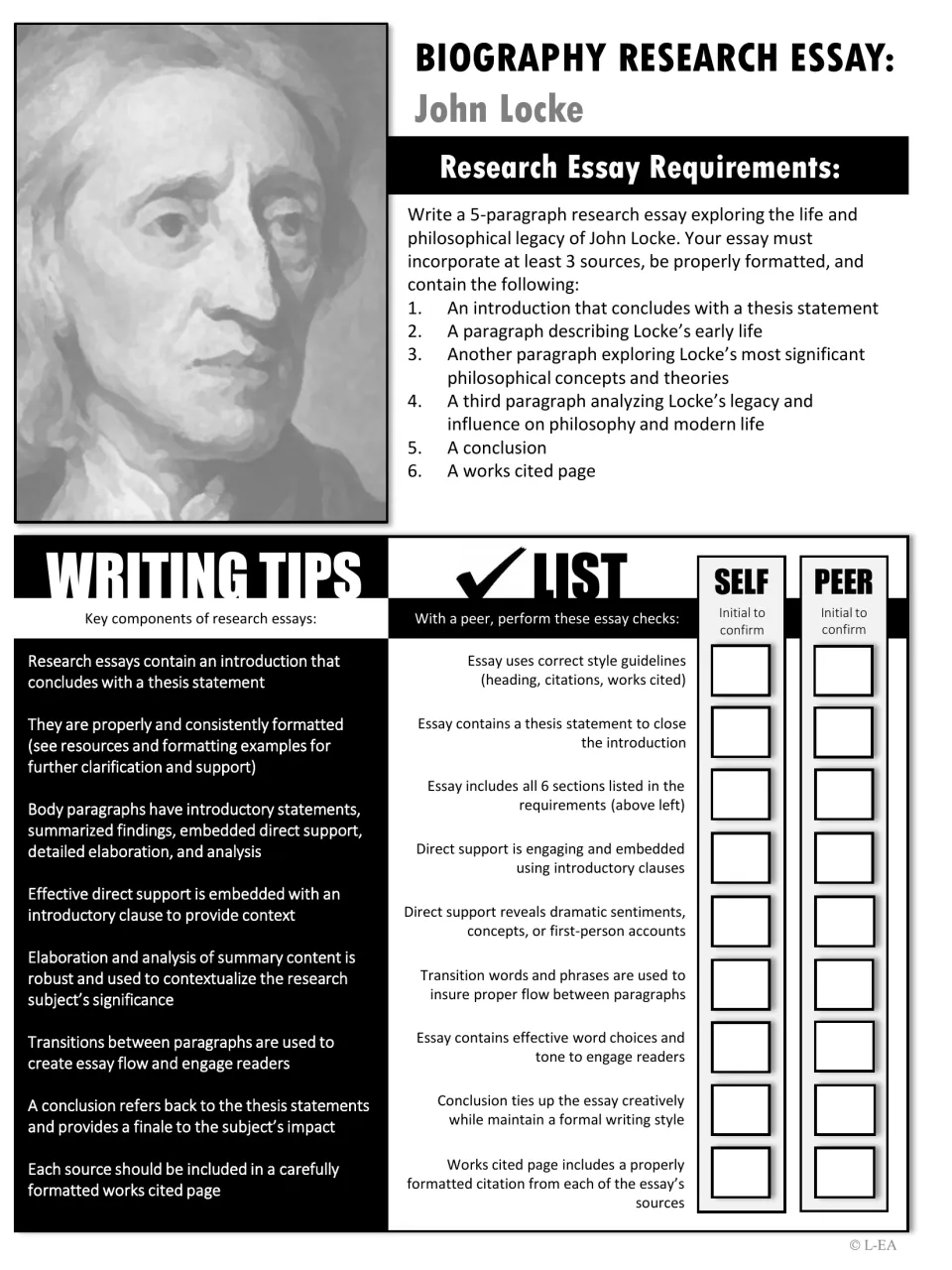 Grayscale Locke essay requirements and writing tips, plus a self and peer checklist students initial to confirm each check