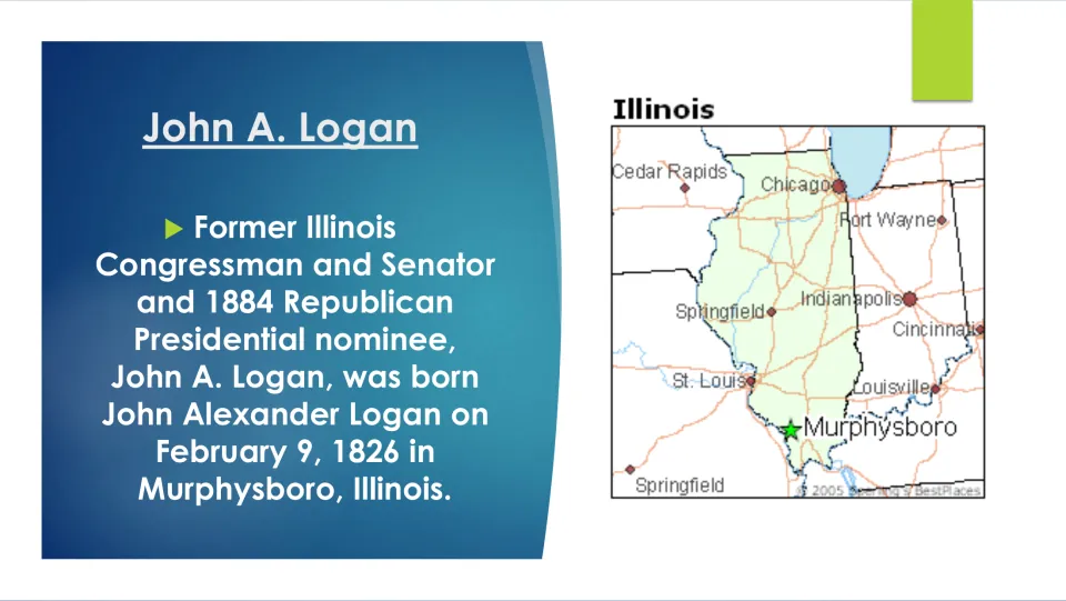 Biography slide giving Logan’s birth as February 9, 1826, in Murphysboro, Illinois, with an Illinois map