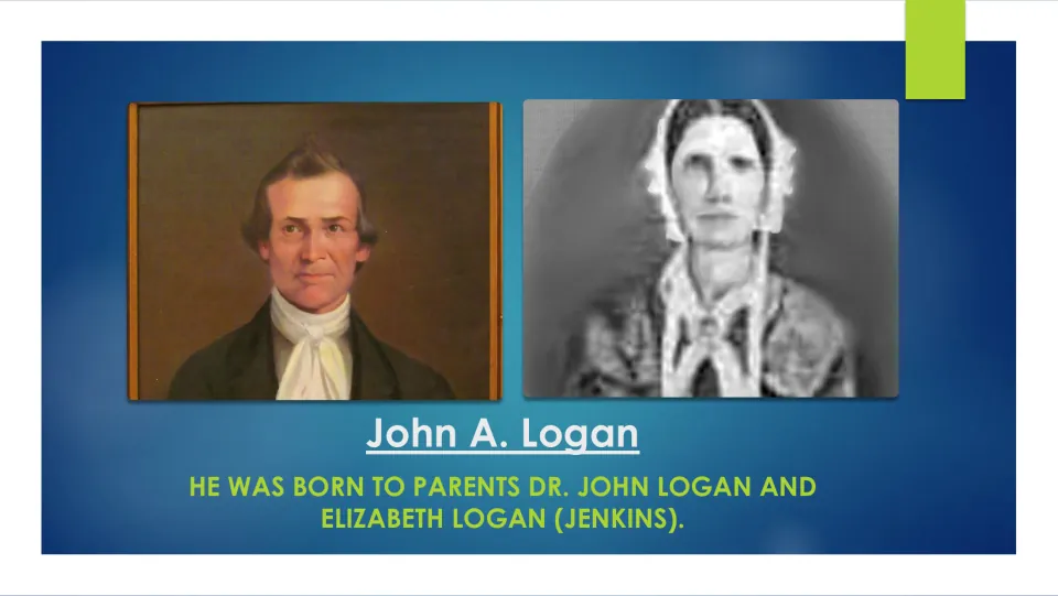Family biography slide naming Logan’s parents, Dr. John Logan and Elizabeth Logan (Jenkins), with portraits