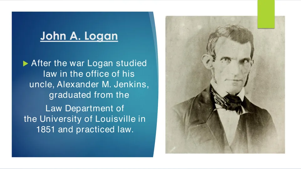 Legal education slide covering Logan’s study with Alexander M. Jenkins and his 1851 Louisville law graduation