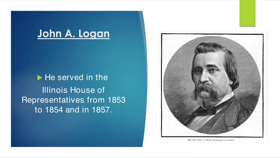 Political biography slide listing Logan’s Illinois House of Representatives service in 1853–1854 and 1857