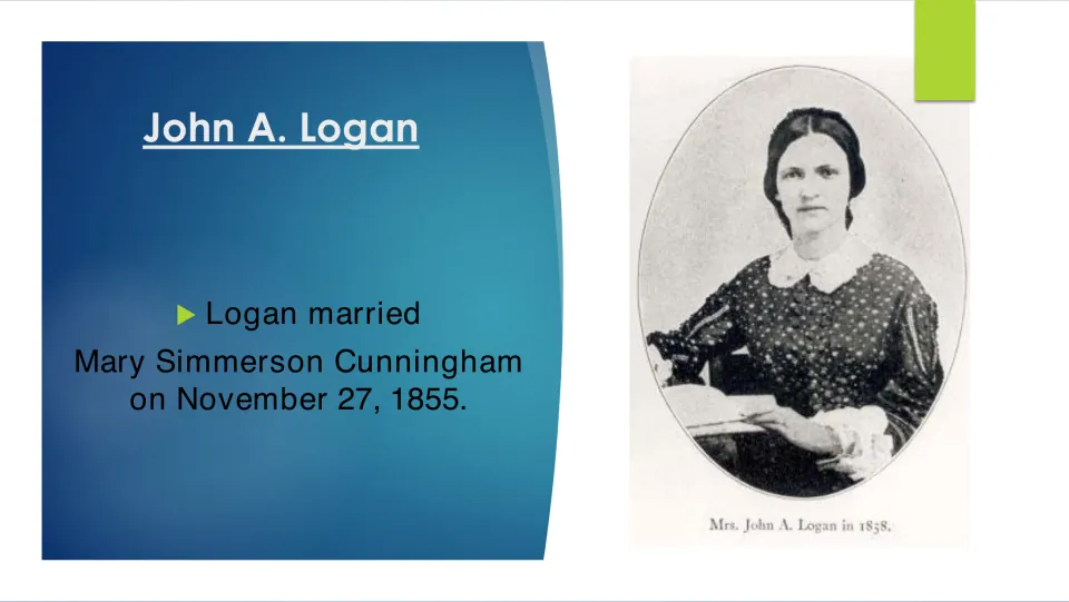 Personal life slide recording Logan’s marriage to Mary Simmerson Cunningham on November 27, 1855