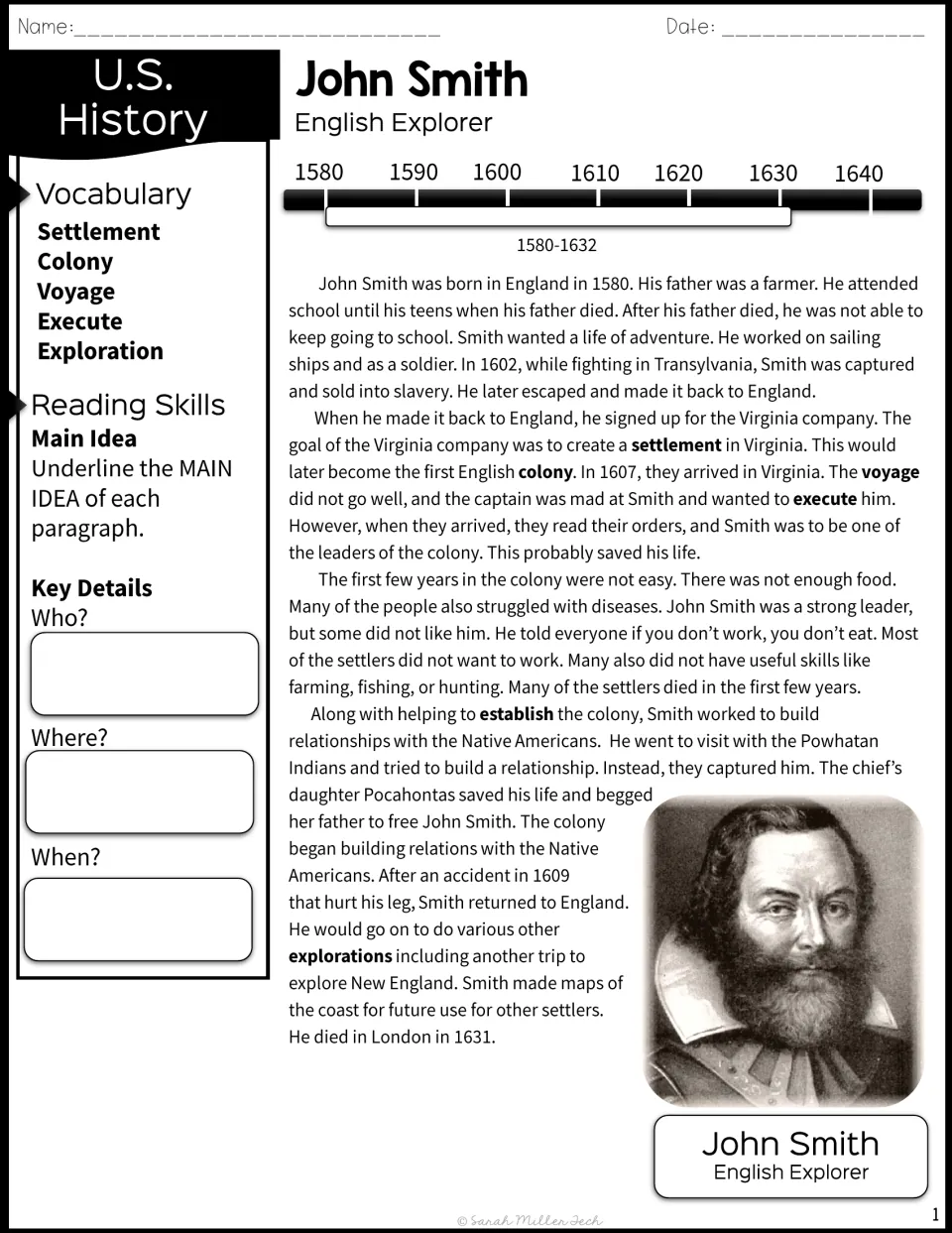 Biography passage about John Smith with vocabulary, a lifespan timeline, and main idea and key detail tasks.
