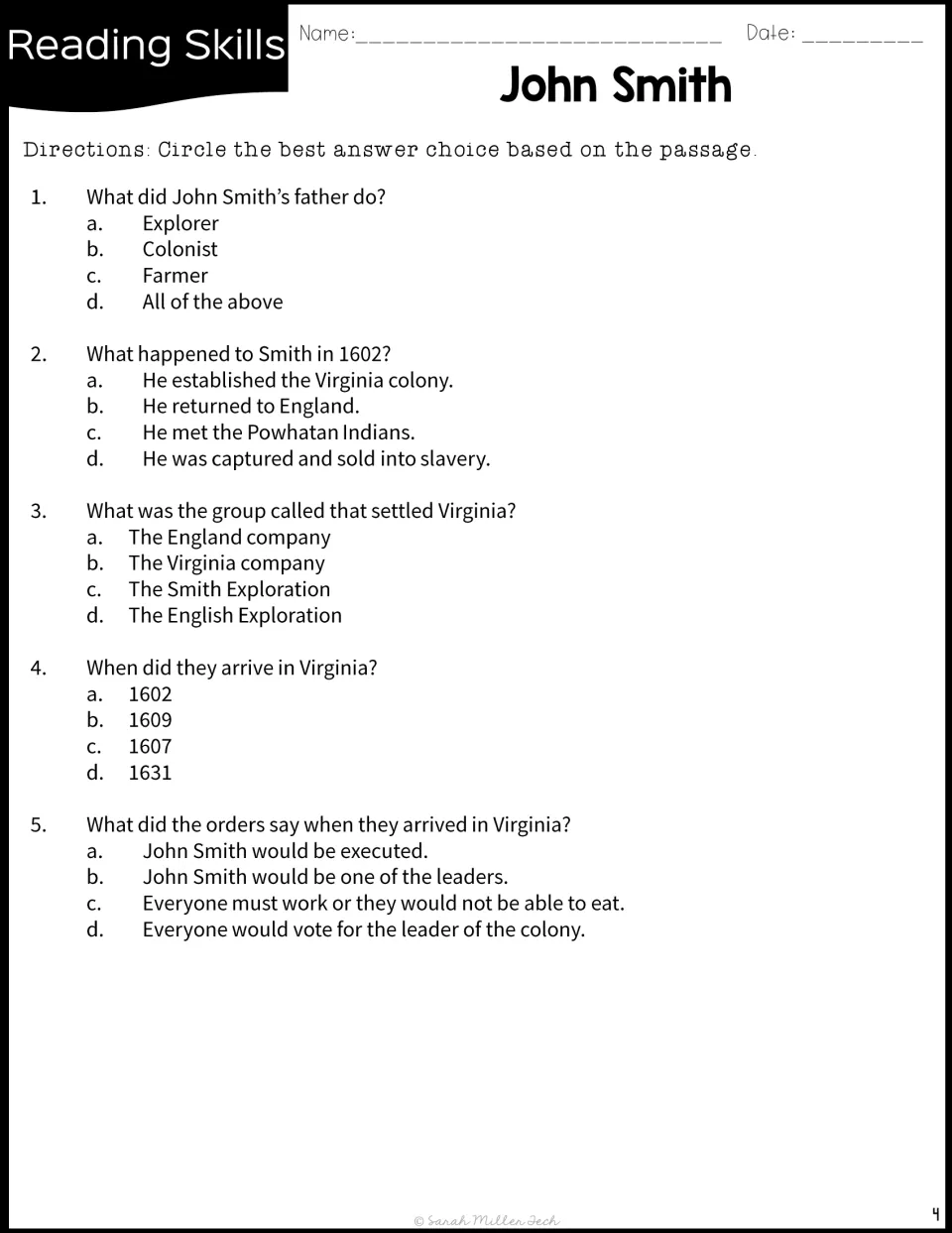 John Smith comprehension questions 1–5 cover his father, capture, Virginia company, arrival, and leadership.