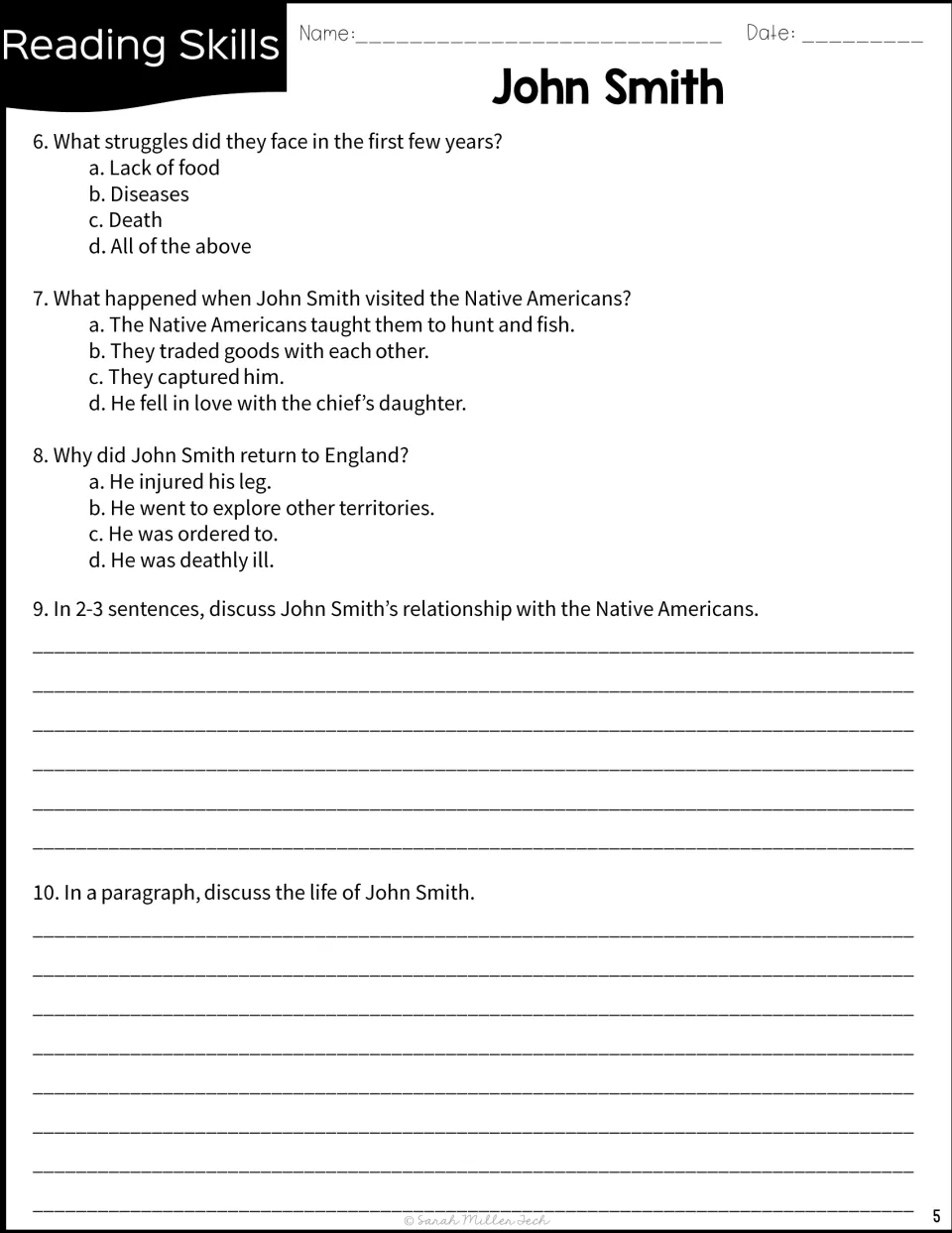 John Smith questions 6–10 address colonial struggles, capture, return to England, and two written responses.
