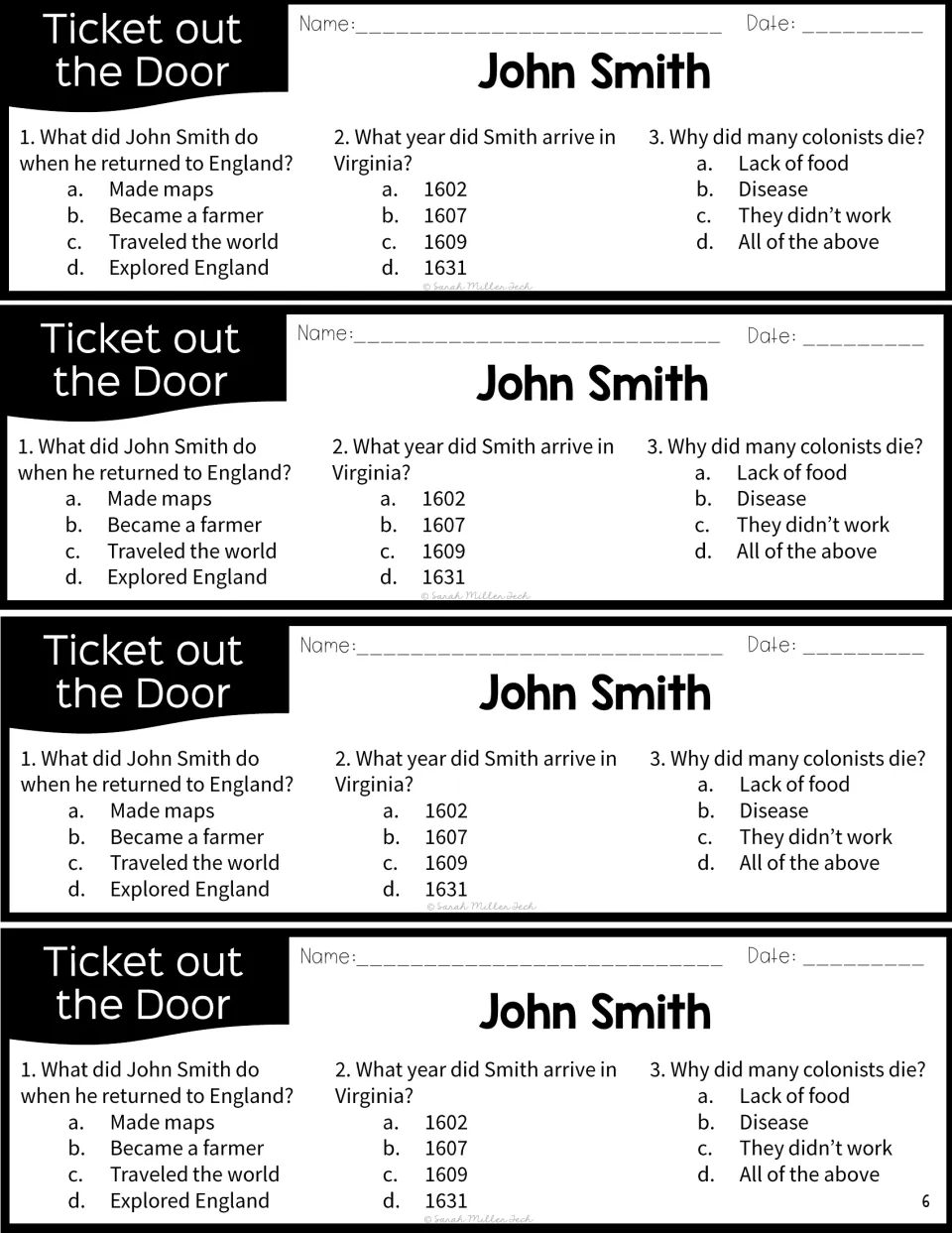 Four identical John Smith exit tickets ask about his return to England, arrival year, and colonist deaths.