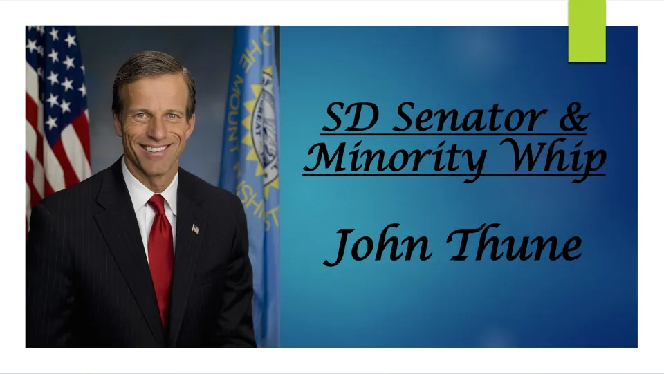 Biography cover introducing John Thune as a South Dakota senator and minority whip, with his portrait