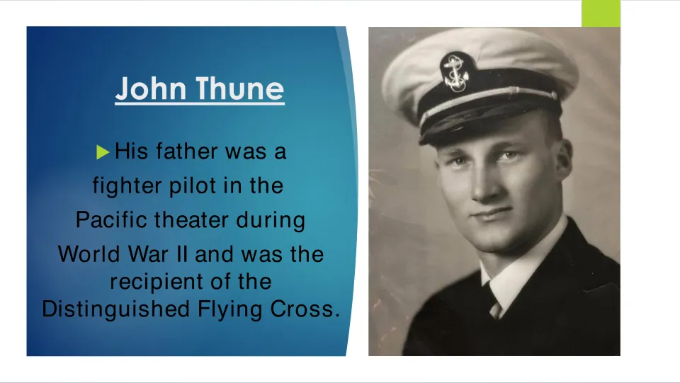 Biography slide describing Thune's father as a World War II fighter pilot awarded the Distinguished Flying Cross