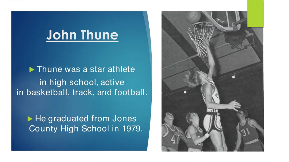 Biography slide covering Thune's high school sports and his 1979 graduation from Jones County High School