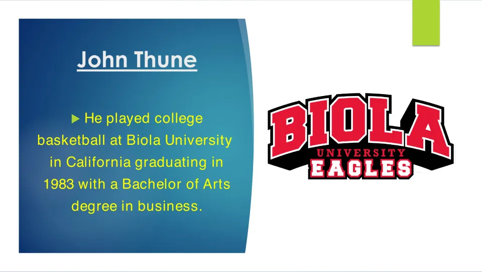 Biography slide detailing Thune's college basketball at Biola University and his 1983 bachelor's degree in business