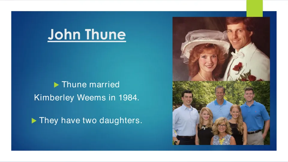 Biography slide noting Thune's 1984 marriage to Kimberley Weems and their two daughters, with family photos