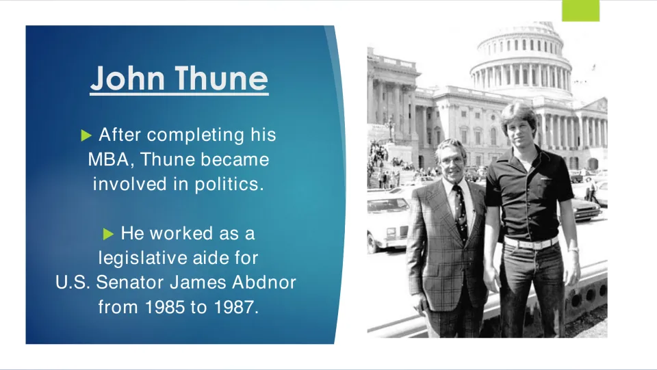 Biography slide describing Thune's work as a legislative aide to U.S. Senator James Abdnor from 1985 to 1987
