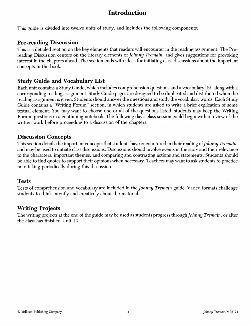 Introduction explaining the guide's pre-reading discussions, study guides, vocabulary, tests, and writing projects
