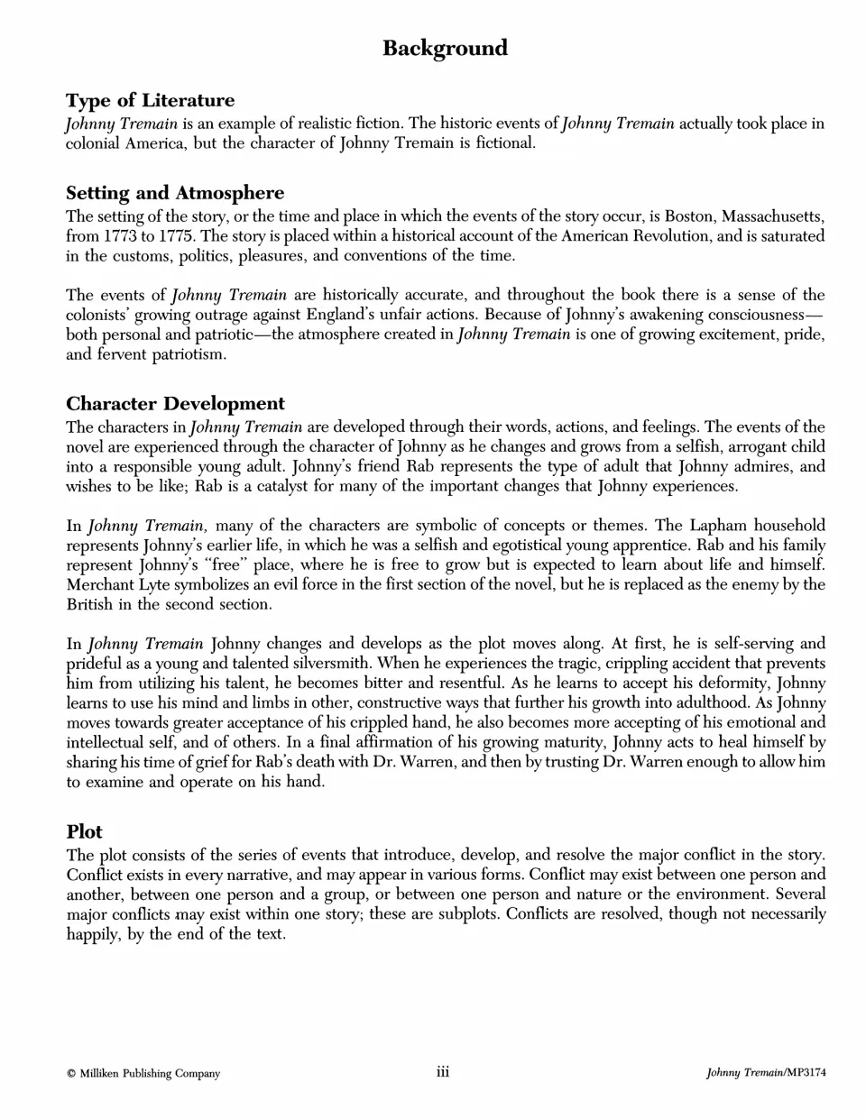 Literary background covering fiction, Boston in 1773–1775, Johnny's character development, and plot