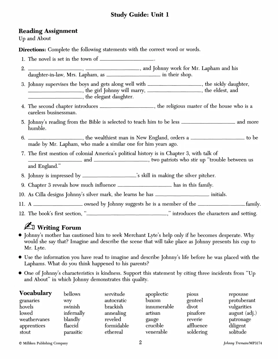 Unit 1 study guide with 12 completion questions, three Writing Forum prompts, and a vocabulary list